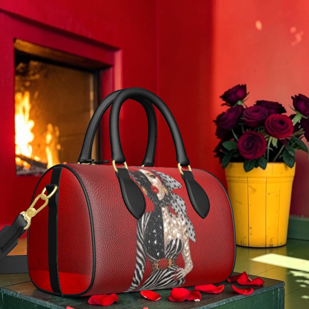 Rouge Muse Leather Bowler portrait side with red textured leather, black handles and gold-tone hardware.