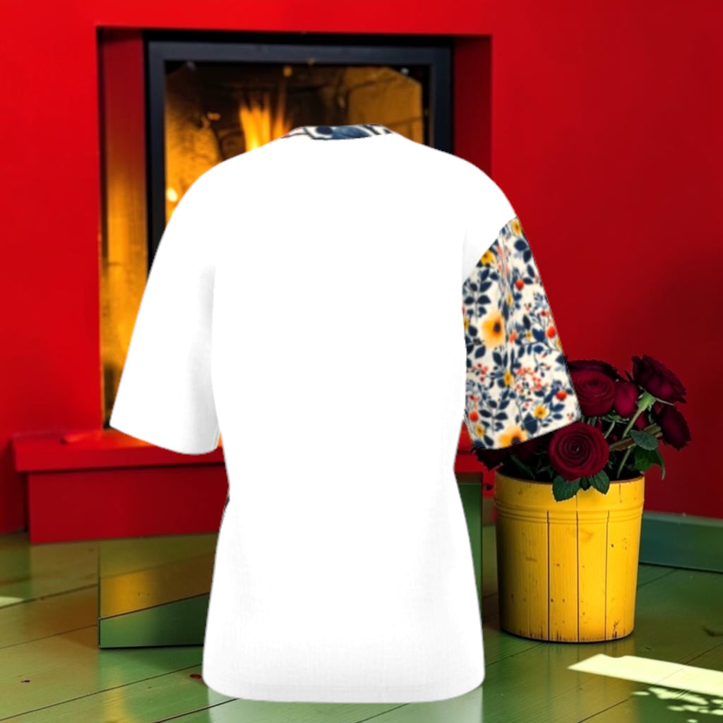 Wild Muse Oversized Tee plain white back with a floral-print sleeve and neckline detail.