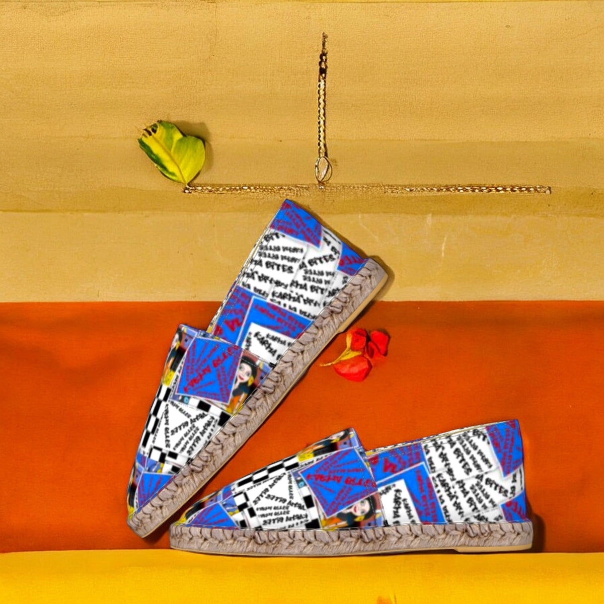 Golden Expression Art Vol III Checkmate Karma Espadrille — side editorial view, all-over Doll Wall, Karma Bites, and cerulean blue geometric print with braided jute sole