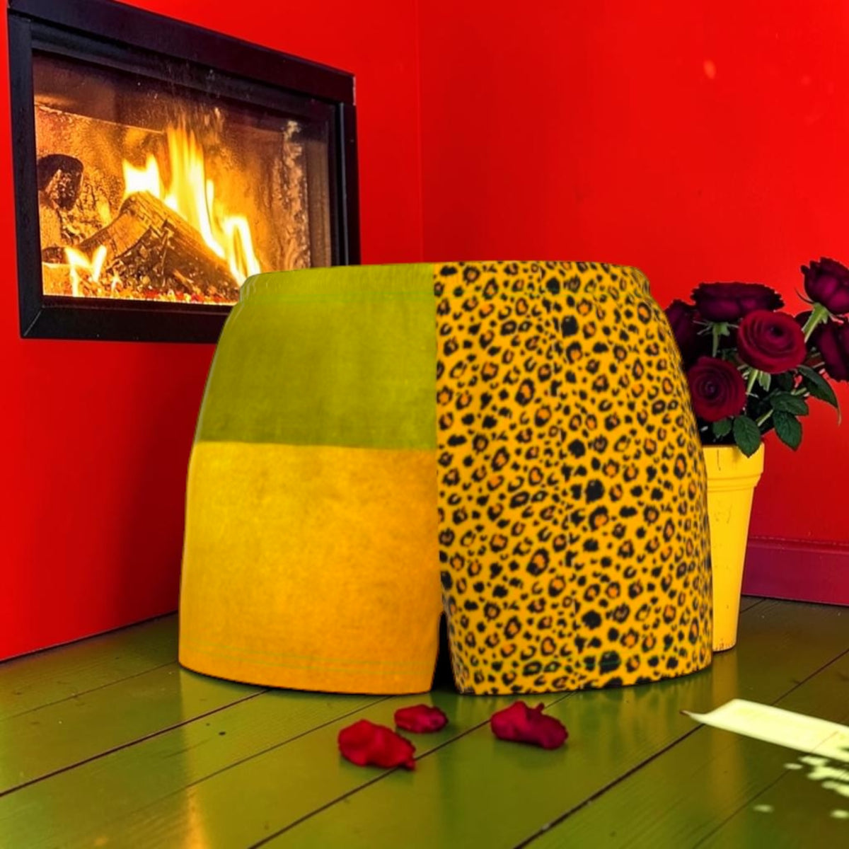 Opposite view of The Gilded Instinct Shorts with golden leopard print beside lime and gold color-block panels.