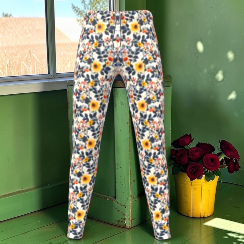 The Petal Voltage Ponte Pant front with yellow floral print and dark foliage.