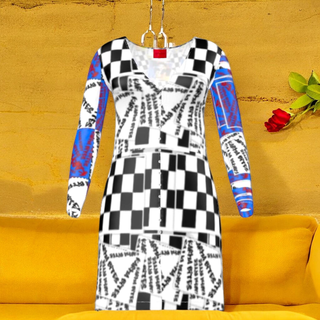 Golden Expression Art Vol III Checkmate Karma Mini Dress — front view, Checkmate DNA checker body with Karma Bites graffiti overlay and cerulean blue sleeves