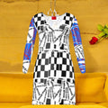 Golden Expression Art Vol III Checkmate Karma Mini Dress — front view, Checkmate DNA checker body with Karma Bites graffiti overlay and cerulean blue sleeves