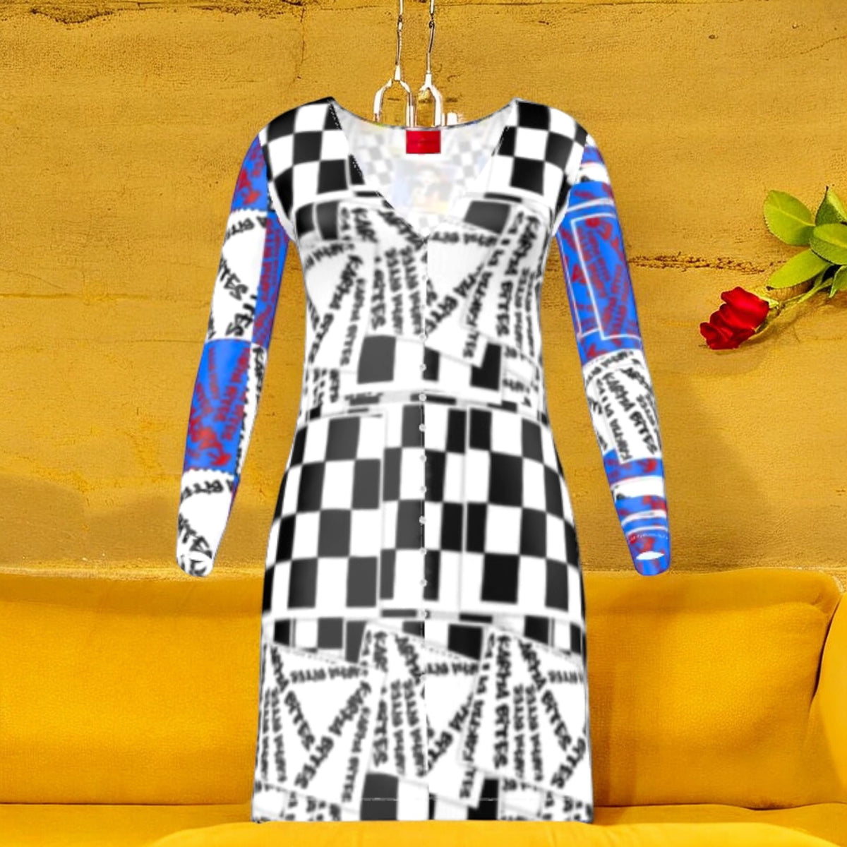Golden Expression Art Vol III Checkmate Karma Mini Dress — front view, Checkmate DNA checker body with Karma Bites graffiti overlay and cerulean blue sleeves