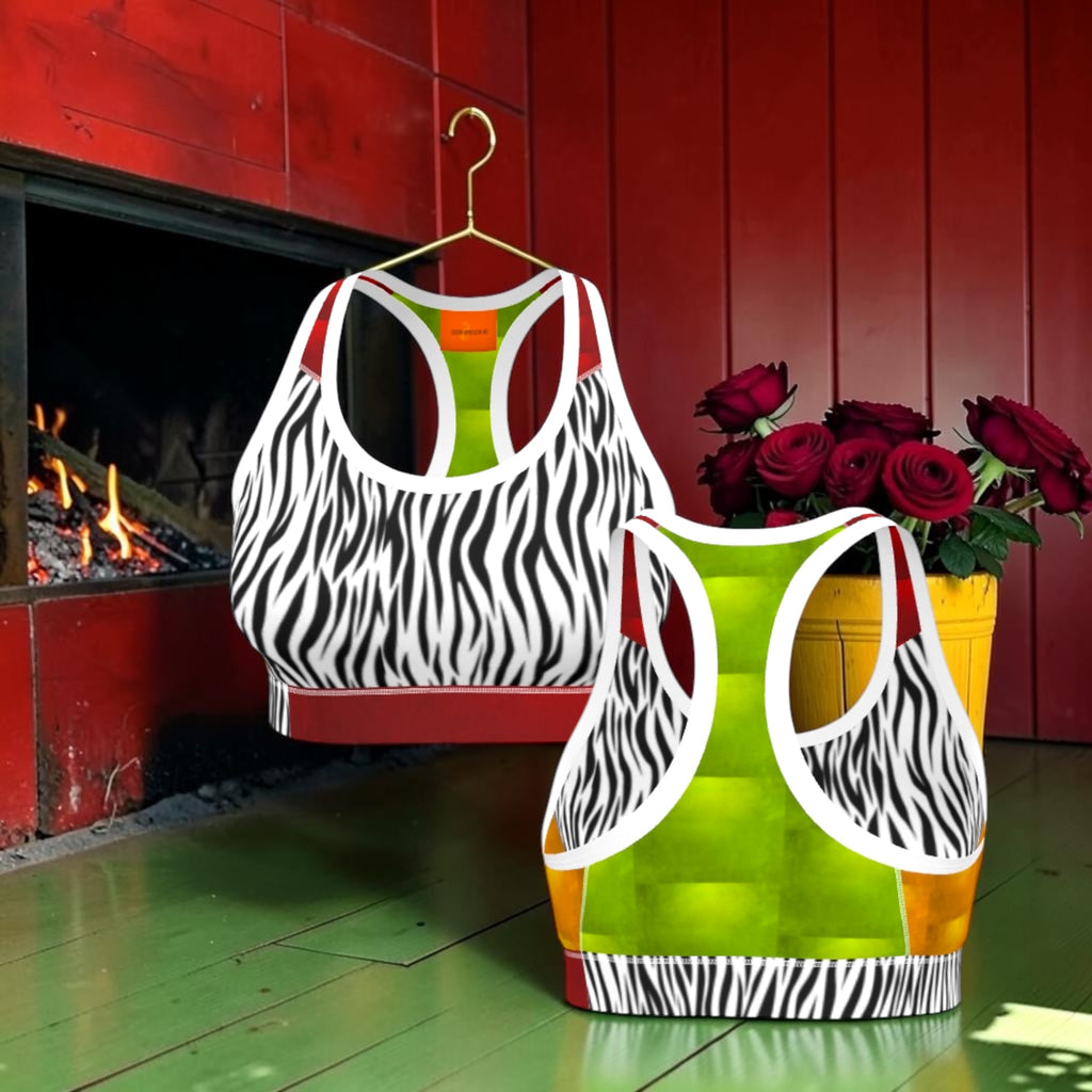 Front and back views of zebra-print and green racerback bra side by side