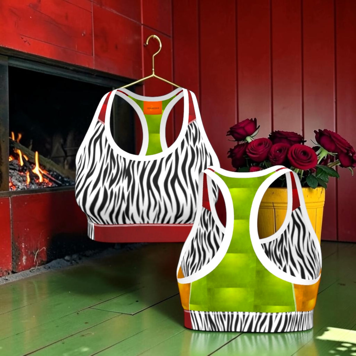Front and back views of zebra-print and green racerback bra side by side