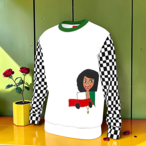 Classic Iconic Sweatshirt - front view, white body with black and white checkered sleeves and green collar, featuring the ICONIC doll graphic