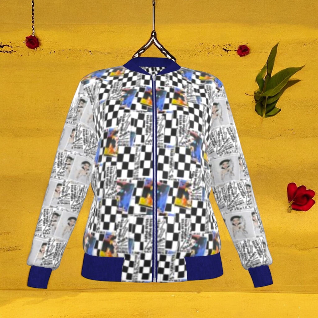 Vol III Flip the Script Jacket — Checkmate DNA front, Doll Wall print sleeves, royal blue collar and cuffs — Golden Expression Art