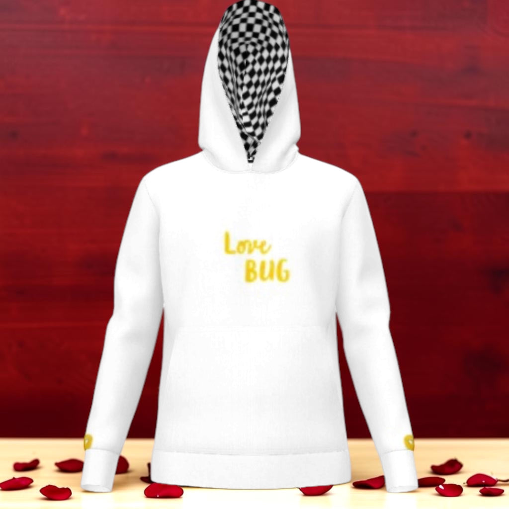 The Love Bug Classic Hoodie in white with gold 'Love Bug' script and Checkmate DNA hood lining — front view
