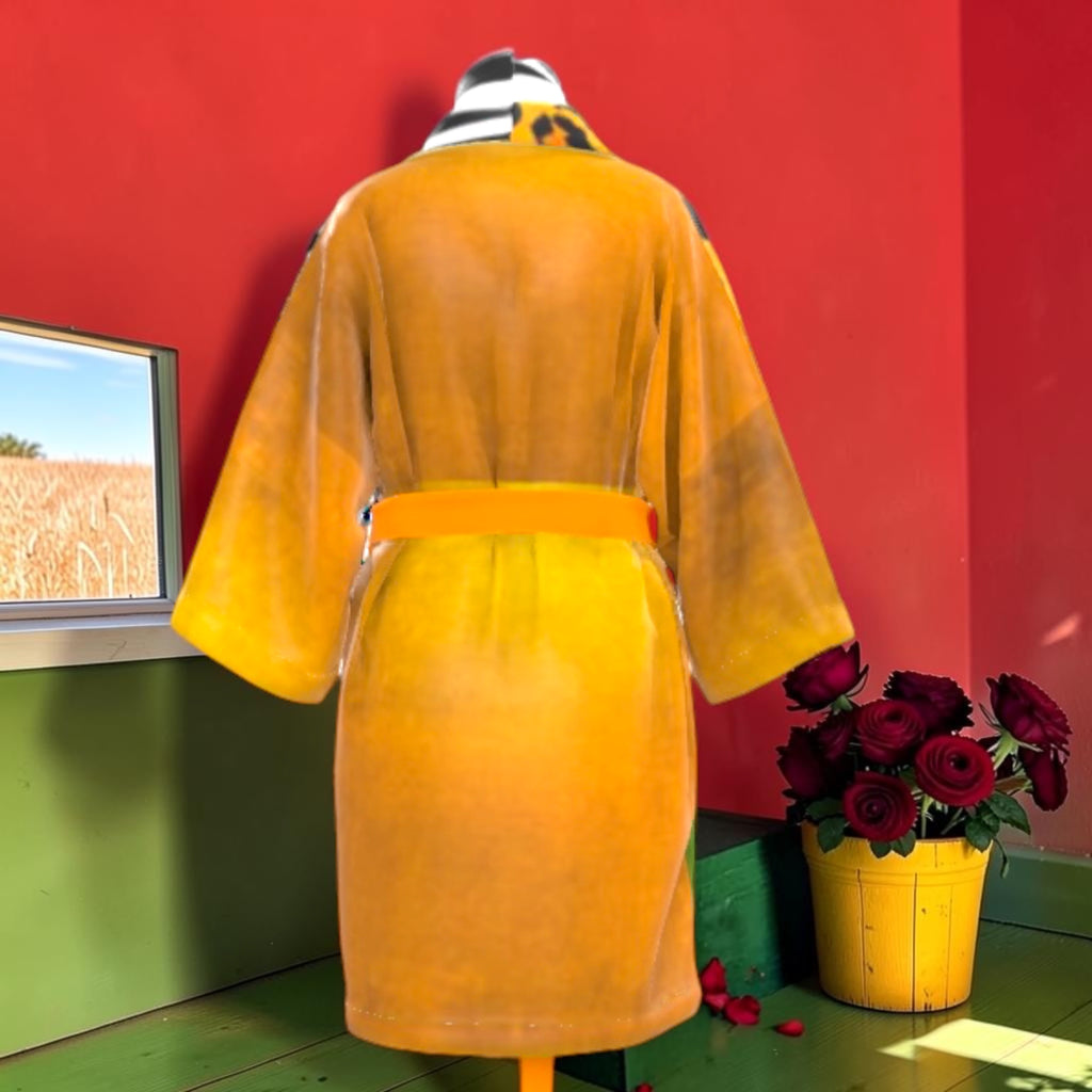 The Gilded Instinct Silk Robe back with golden-amber tonal blocking, wide sleeves and golden-yellow belt.