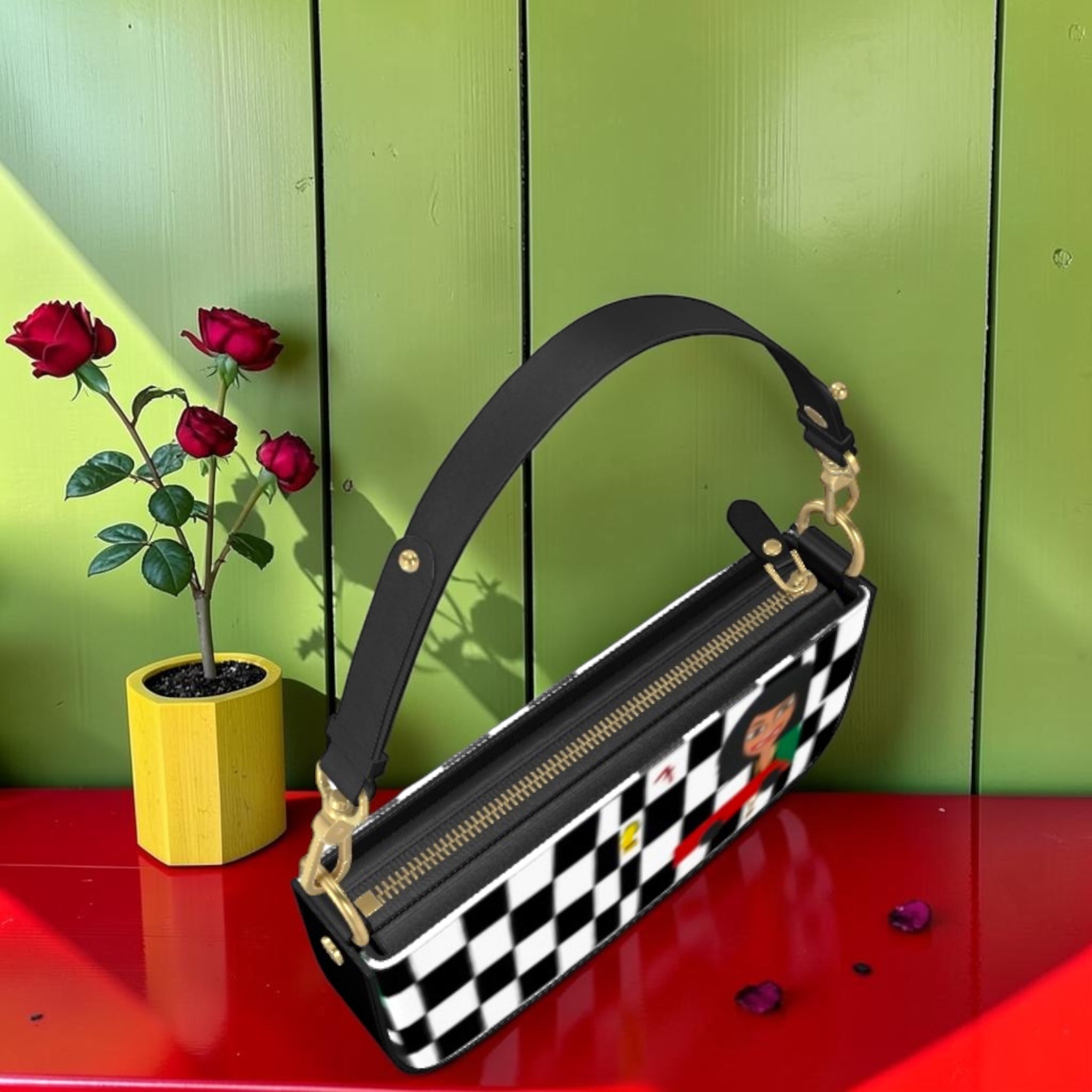 Iconic Classic Crossbody Purse - Black & White Checkmate Box Bag - Side Zip Detail - Golden Expression Art