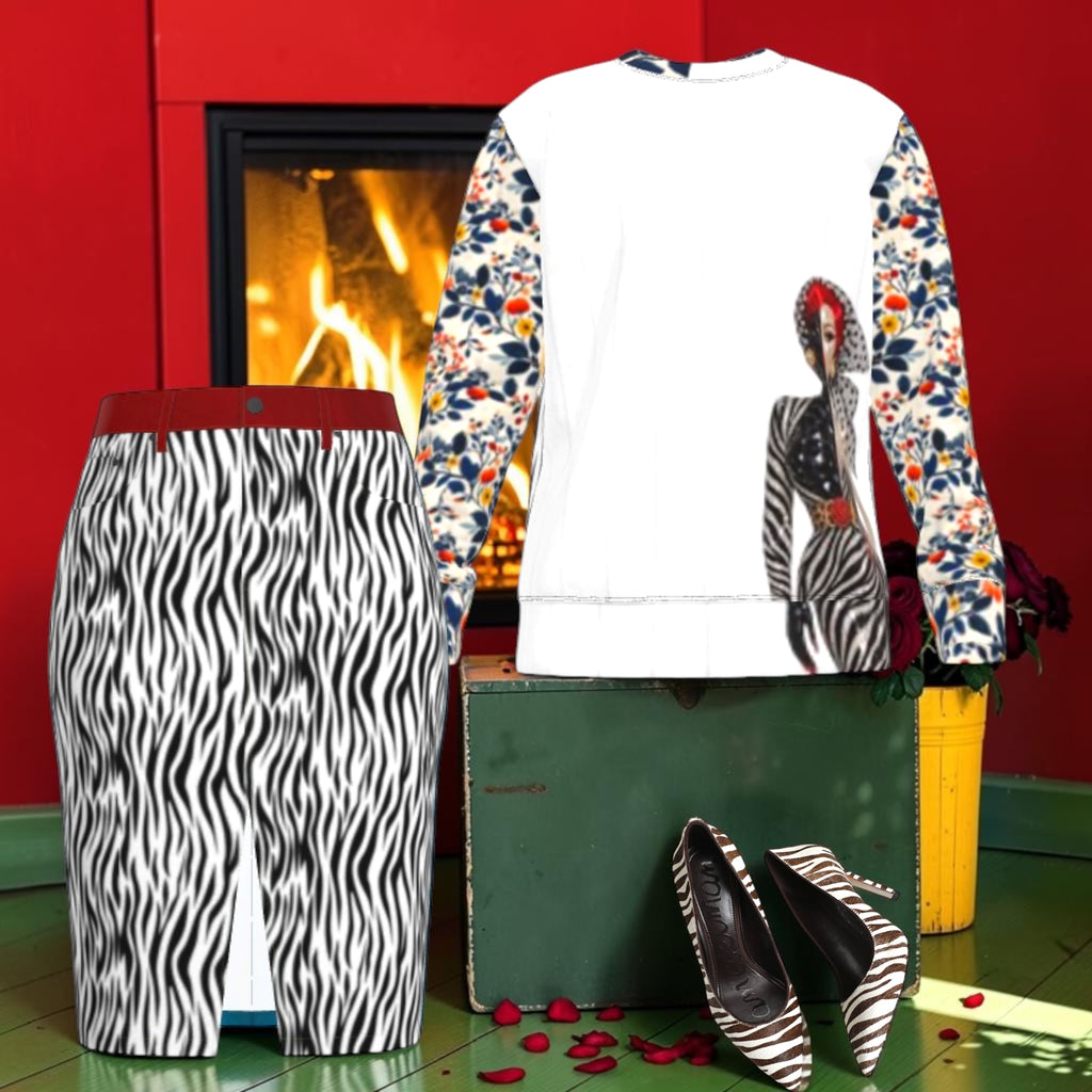 The Runway Muse Sweatshirt styled with a zebra skirt and heels, sold separately