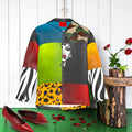 Front of the Offbeat Muse Oversized Silk Shirt with bold color blocks, portrait detail, camouflage, leopard print, and zebra sleeves