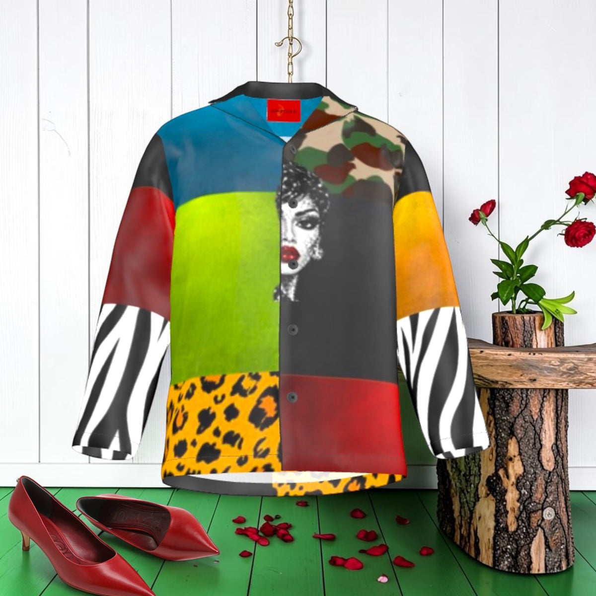 Front of the Offbeat Muse Oversized Silk Shirt with bold color blocks, portrait detail, camouflage, leopard print, and zebra sleeves
