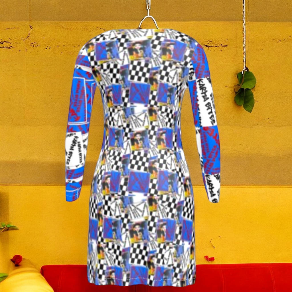 Golden Expression Art Vol III Checkmate Karma Mini Dress — back view, full Doll Wall collage print with Karma Bites sleeves