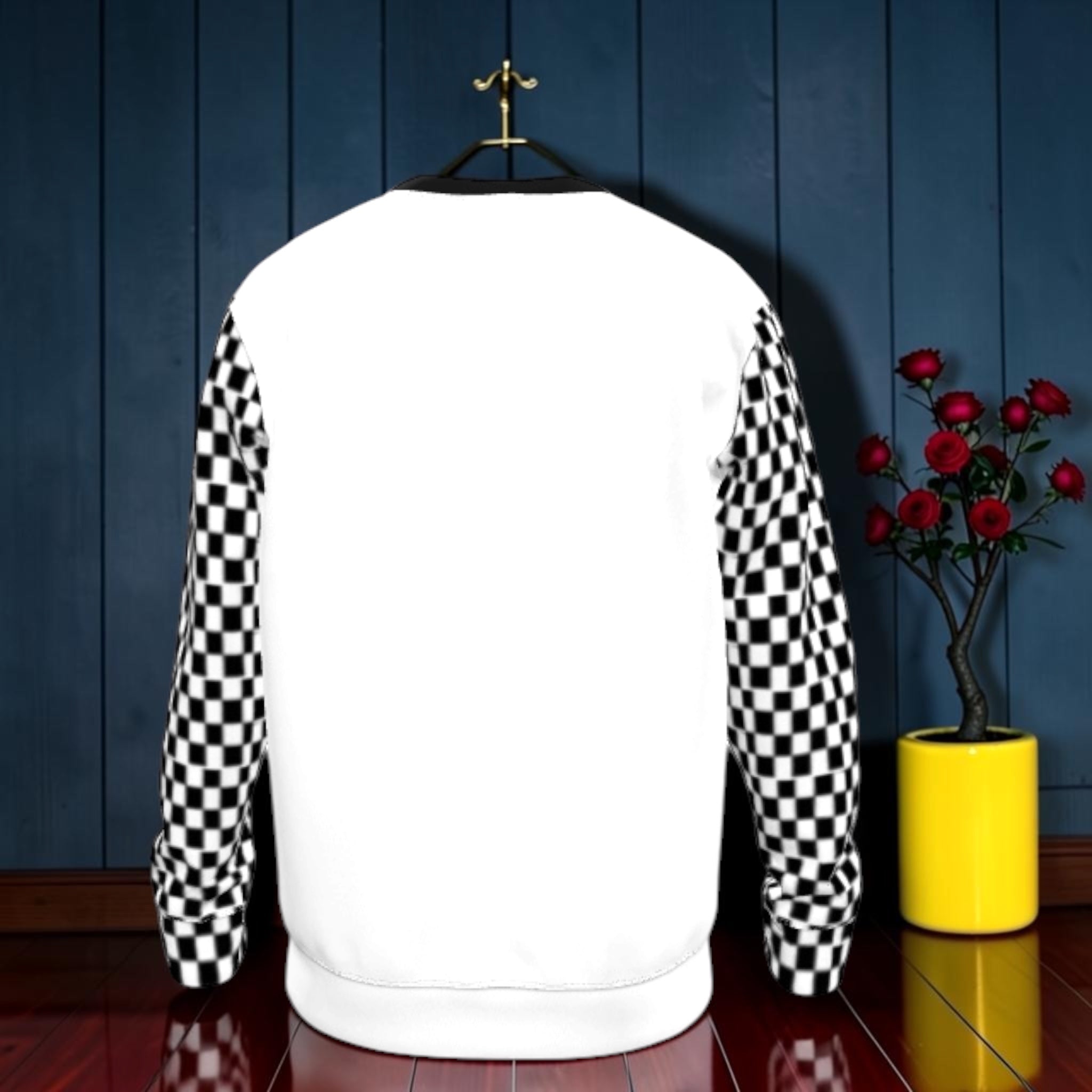 Vol III The Love Bug Sweatshirt — back view clean white body with black and white checkered sleeves