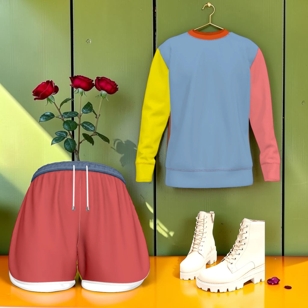 The Golden Rule Short — Set shot styled with colour-block sweatshirt and white boots