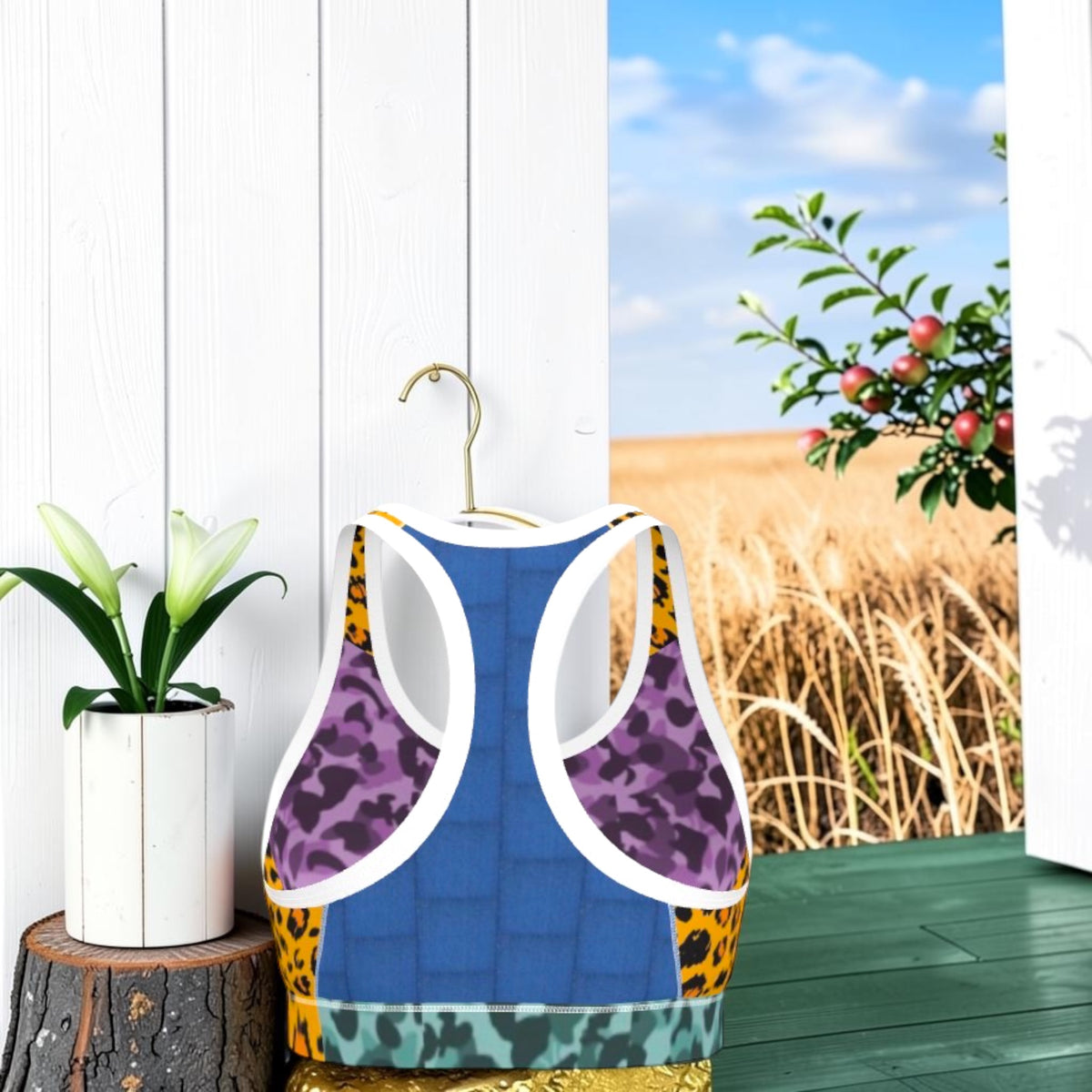 Primal Rhythm Racerback Bra blue racerback with white trim and teal printed band