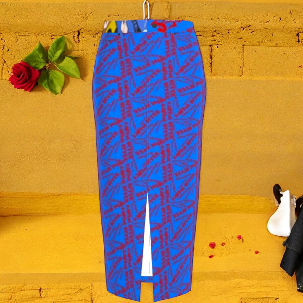 Golden Expression Art Vol III Crosshatch Code Denim Long Skirt — front view, cerulean blue denim with deep wine geometric crosshatch print and center front slit