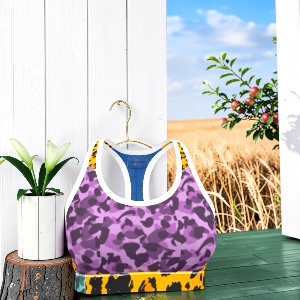 Primal Rhythm Racerback Bra front with purple animal print and golden leopard band
