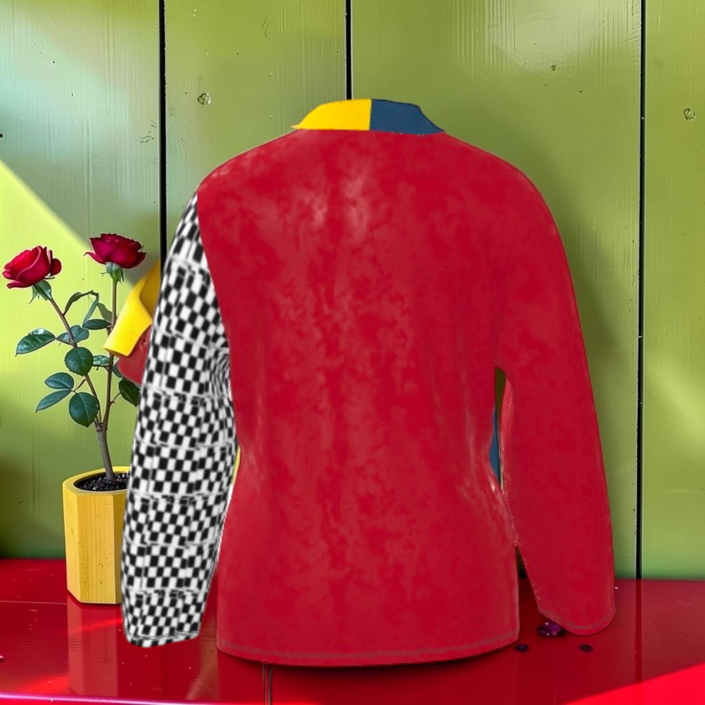 Vol I — The Sovereign velvet blazer wrap back view: full scarlet red body, Checkmate DNA sleeve, golden yellow and slate blue collar detail