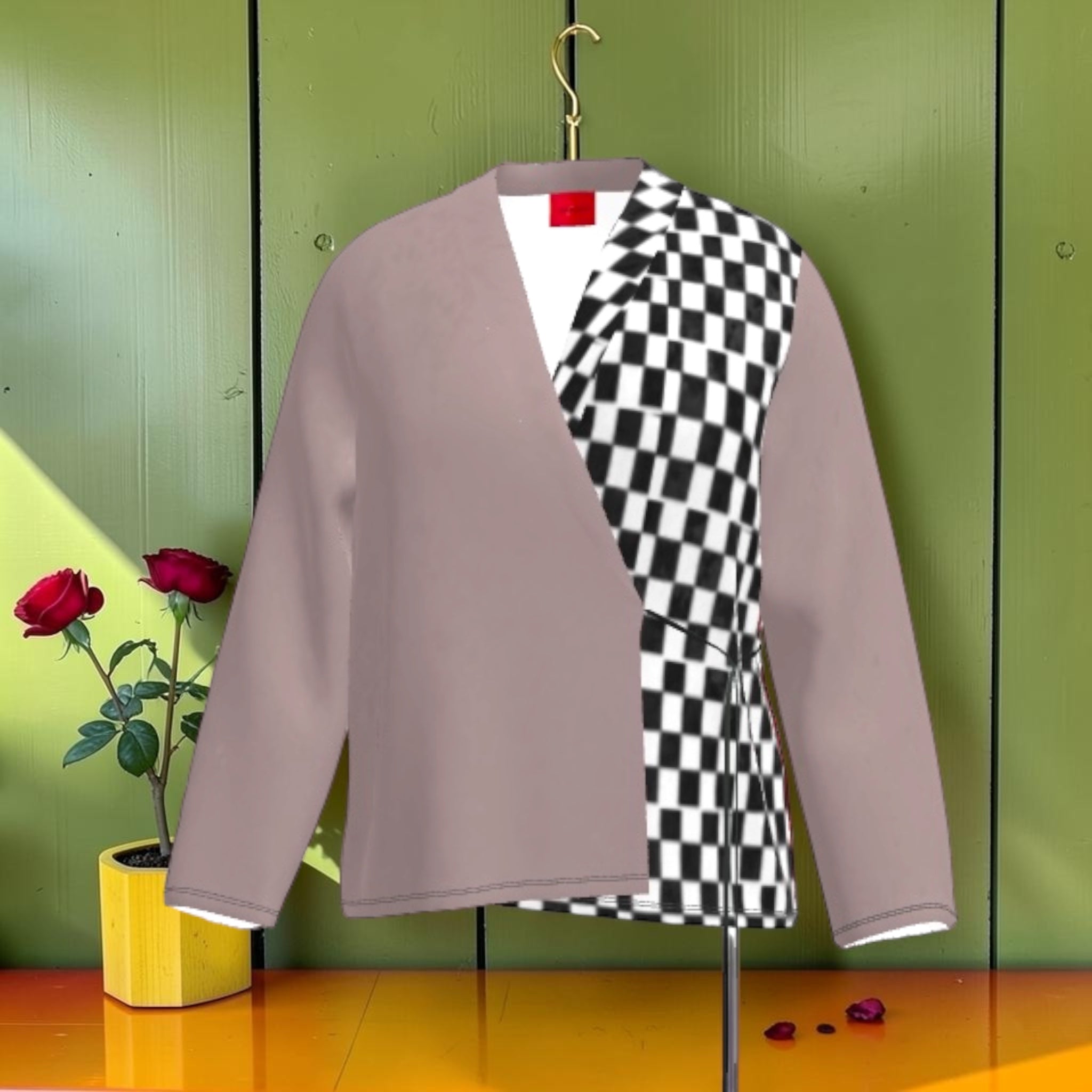 The Velour Divide Sweater Cardigan — front view, taupe and Checkmate split panel with scarlet red collar