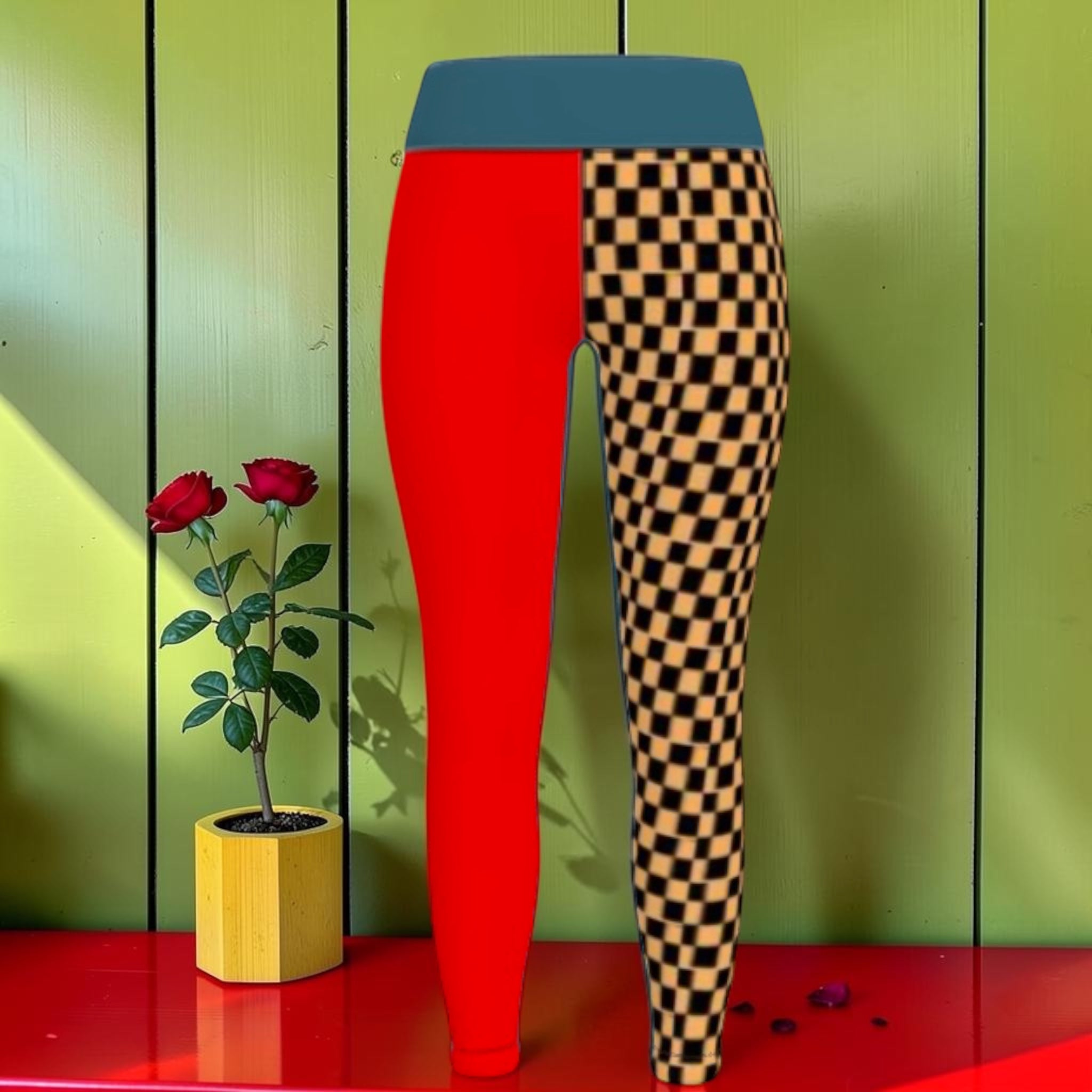 Vol I — The Checkmate Rule Legging — Scarlet/Checkmate colorway, scarlet red left leg, amber & black Checkmate DNA right leg, slate grey waistband