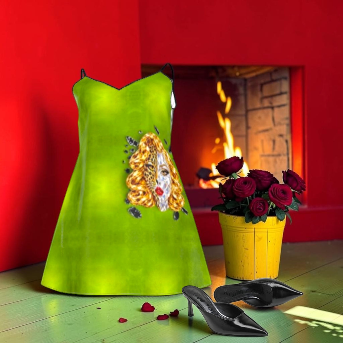 The Leopard Muse Silk Dress lime-green front with golden-haired portrait, red lips, fine black straps and V-shaped neckline.