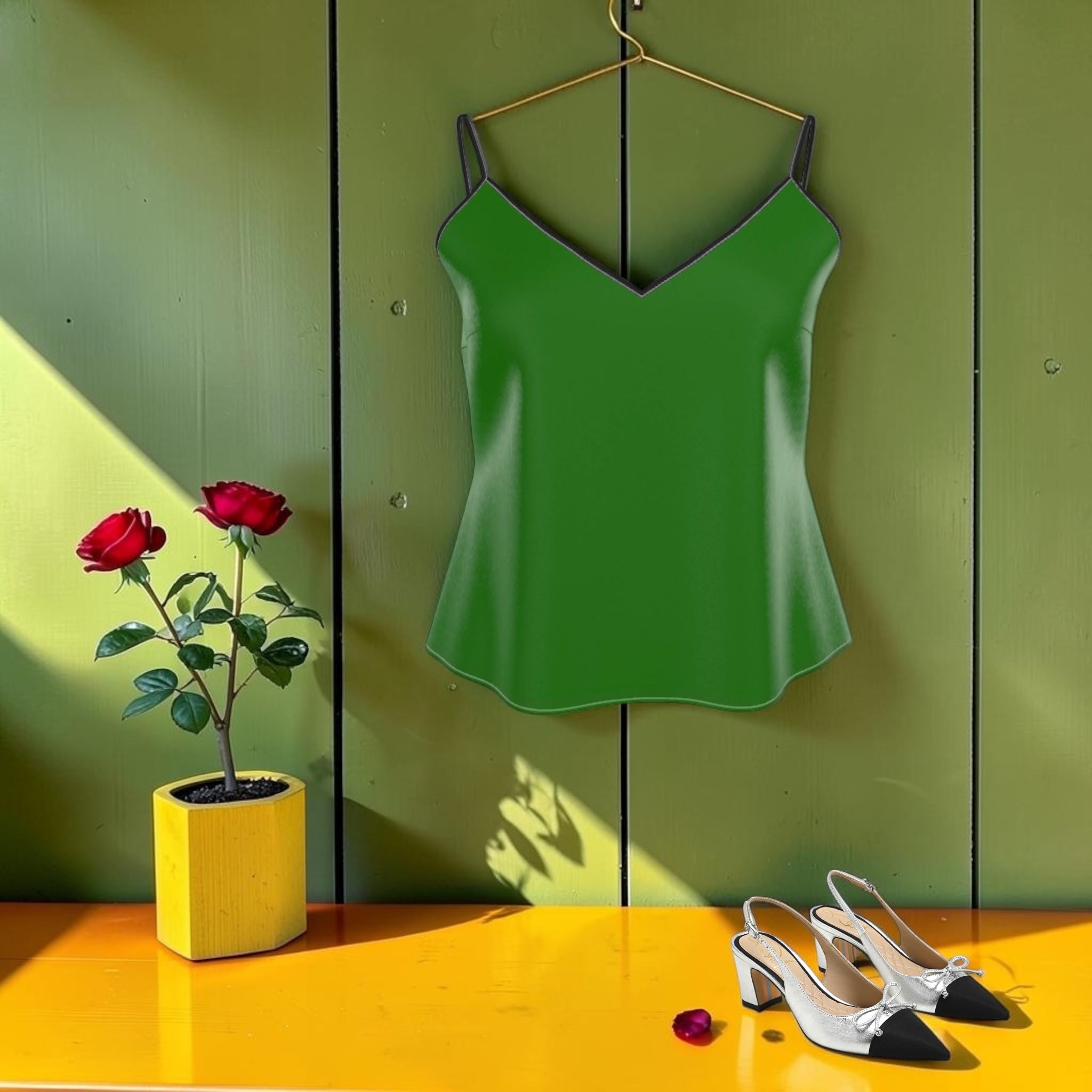 The ICONIC Silk Top — forest green silk cami on hanger against green wall with red roses, Vol I