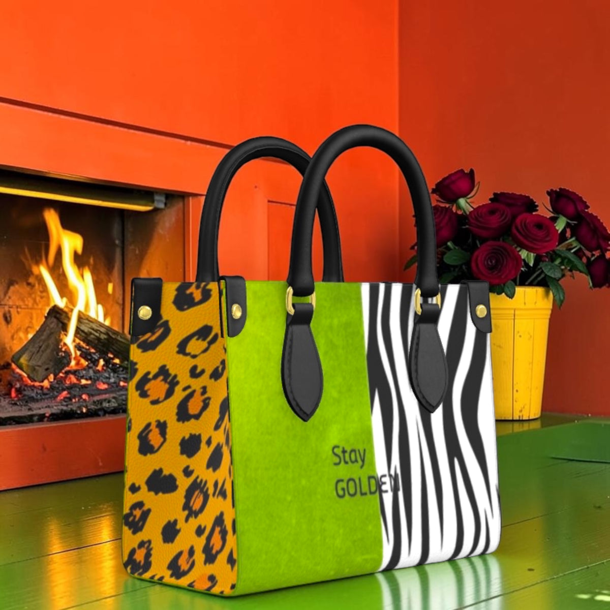 Wild Gaze mini satchel reverse with green Stay GOLDEN panel, zebra stripes and leopard-print side