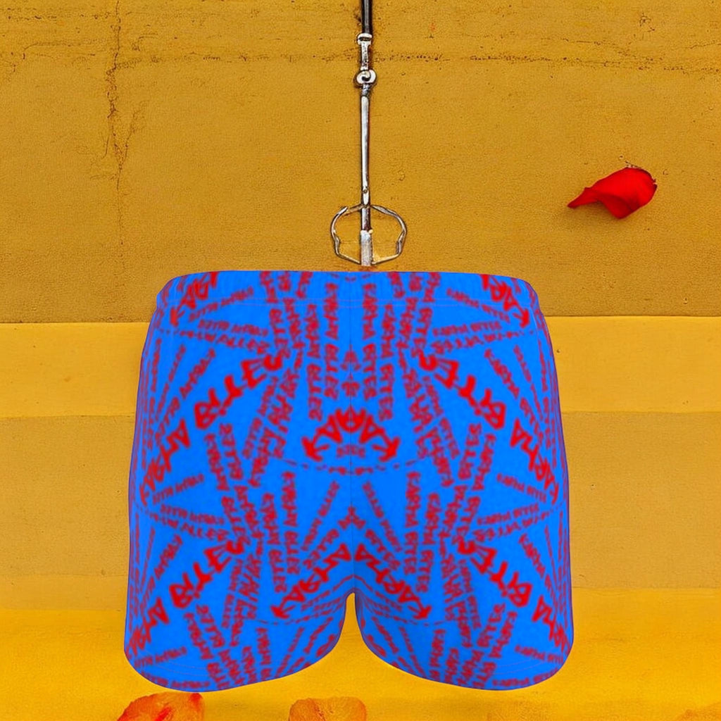 Vol III Karma Bites Mirror Short — back view, all-over mirrored Karma Bites print, cerulean blue, scarlet red lettering, clean hemline — Golden Expression Art