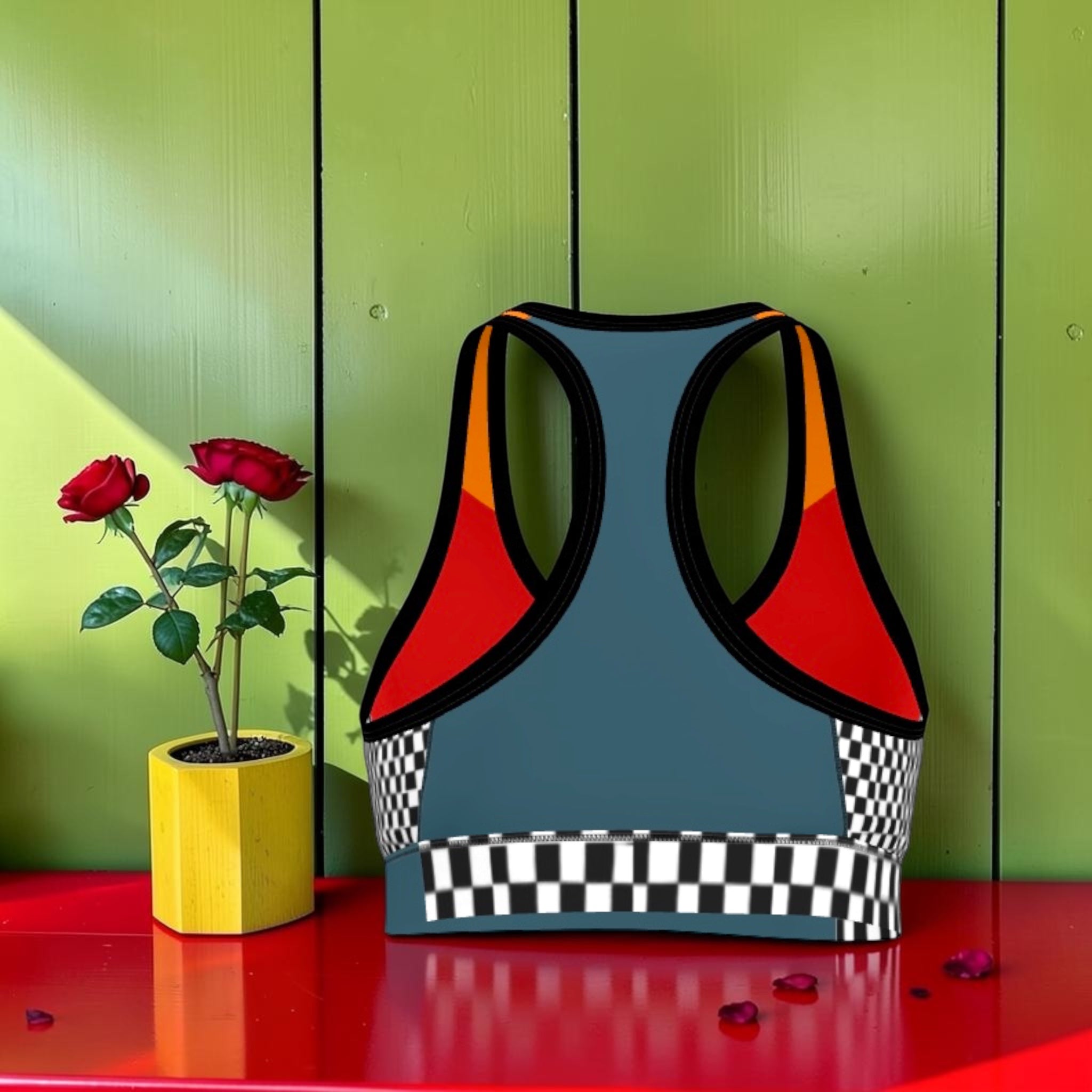 Vol I — The Checkmate Rule Sports Bra — back view, slate grey racerback, orange accent, Checkmate DNA hem band
