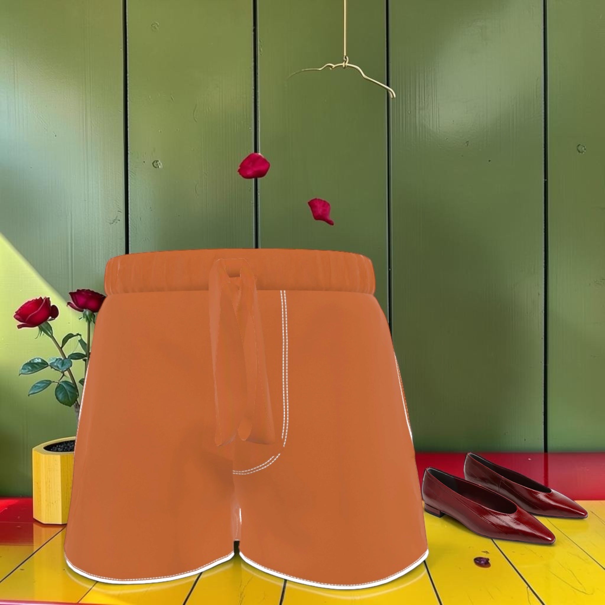 Vol I — The Amber Rule Short — terracotta amber organic cotton sateen, drawstring waist, white contrast stitching, front view