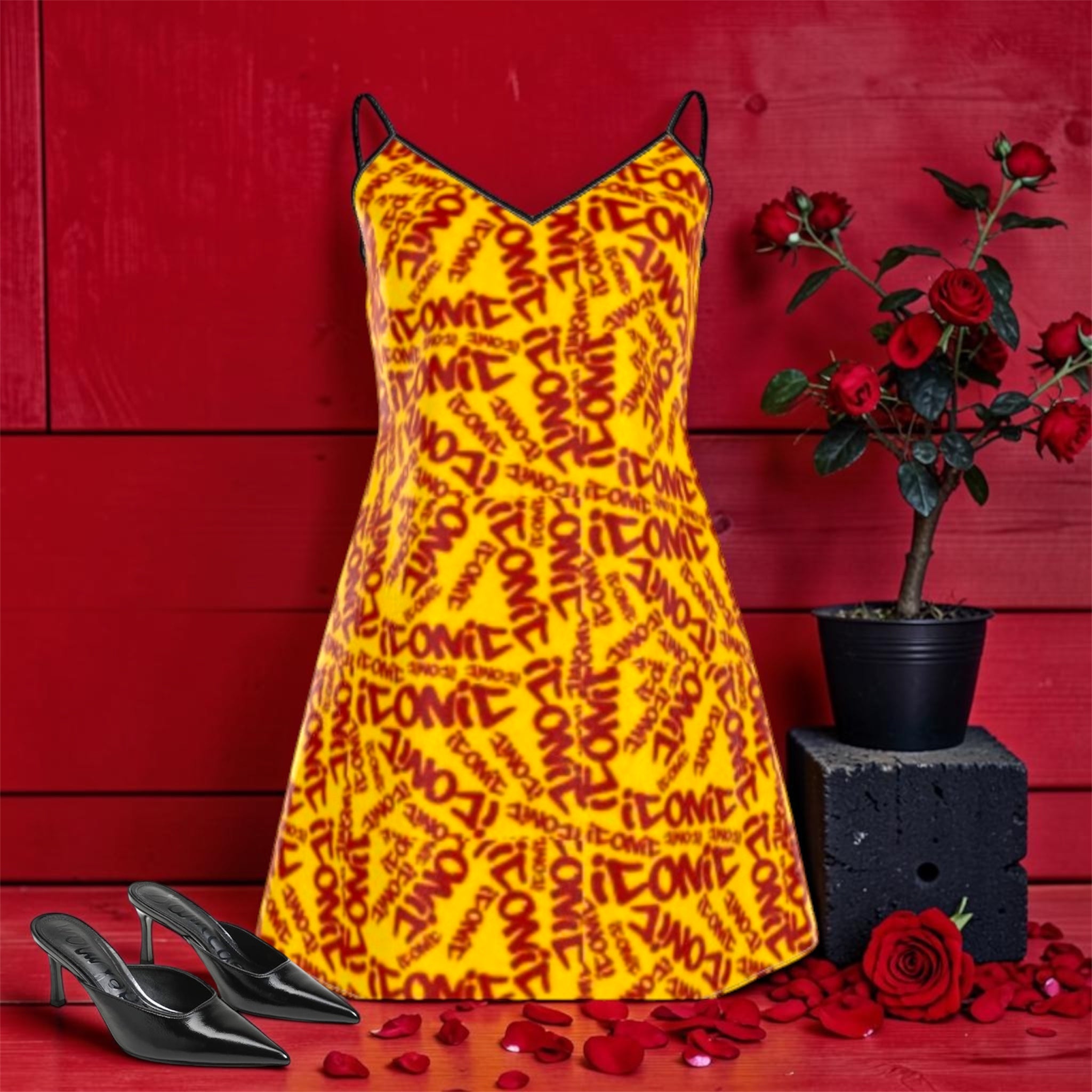The ICONIC Slip — front view, 100% silk mini slip dress in ICONIC all-over print, golden yellow with scarlet red lettering, black spaghetti straps and V-neckline, styled with black heels and rose petals
