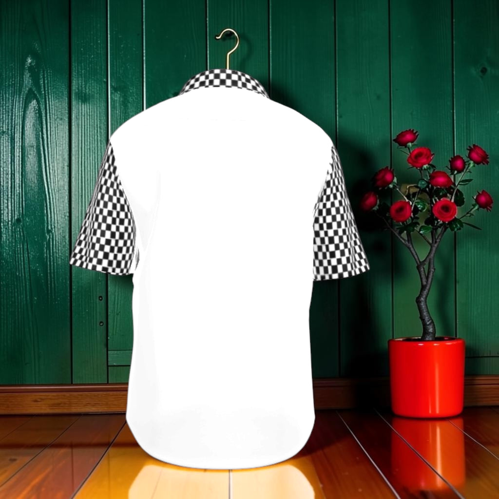 Vol III The Night Solace Button Down Shirt — back view, solid white with Checkmate DNA sleeves