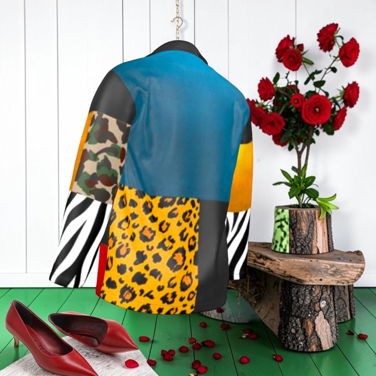 Back of the Offbeat Muse Oversized Silk Shirt with teal and leopard panels, camouflage detail, and zebra sleeves