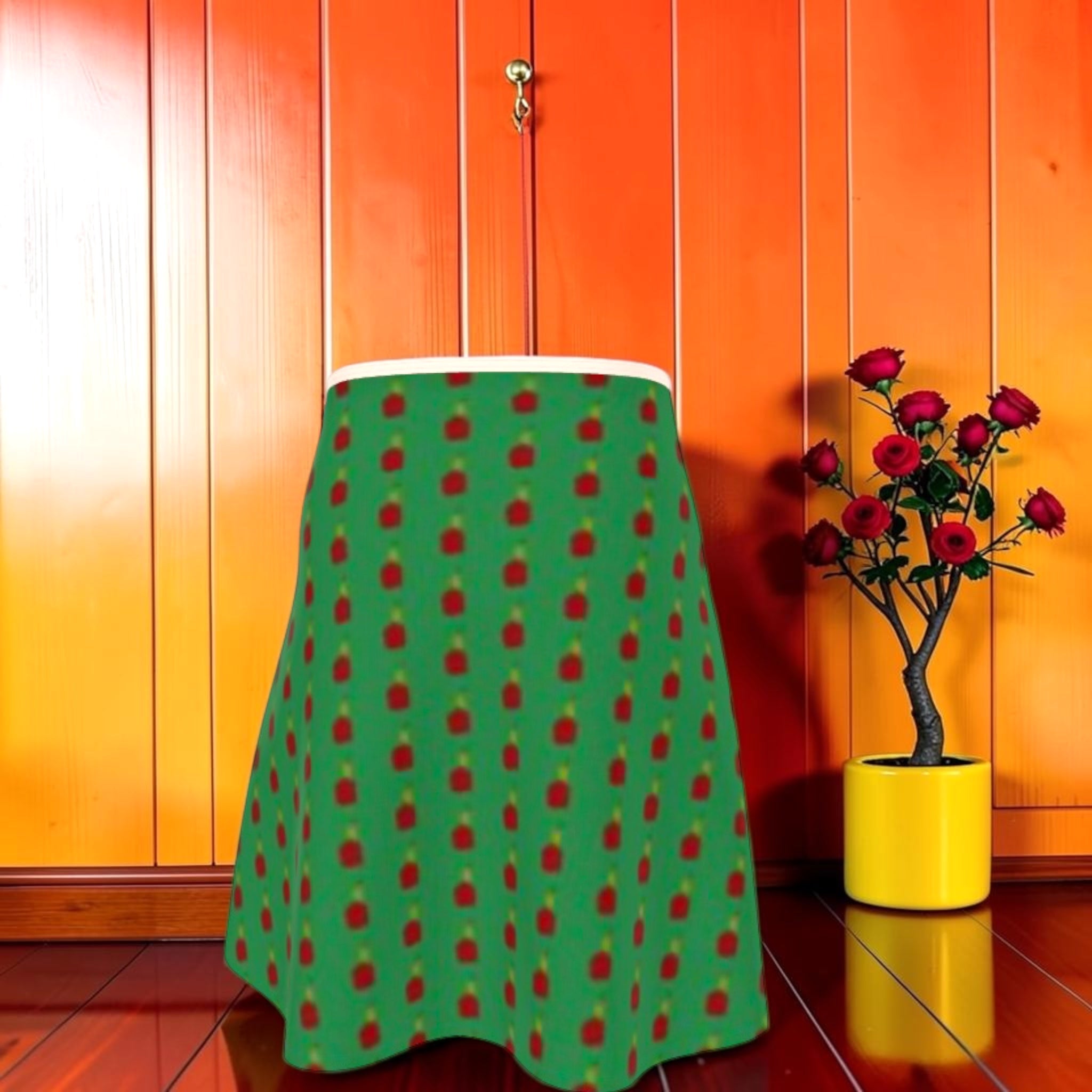 Aphrodite Flare Midi Skirt — emerald green with crimson dot print, back view, Vol II The Eden Edit