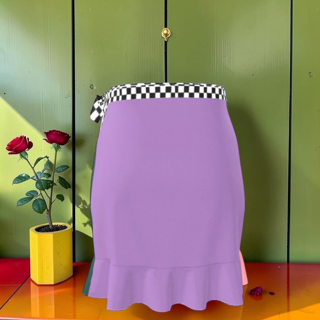 Vol I — The Cascade Rule Skirt — lavender panel side view with Checkmate DNA waistband bow and ruffle hem