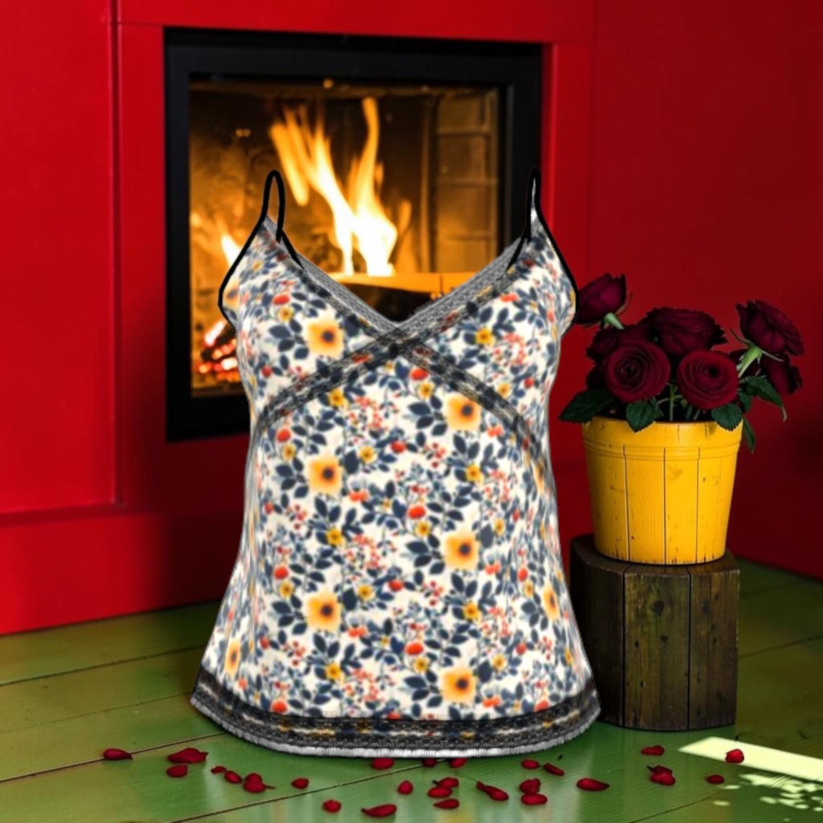The Petal Rouge Silk Camisole floral-print front with slim straps and dark decorative trim