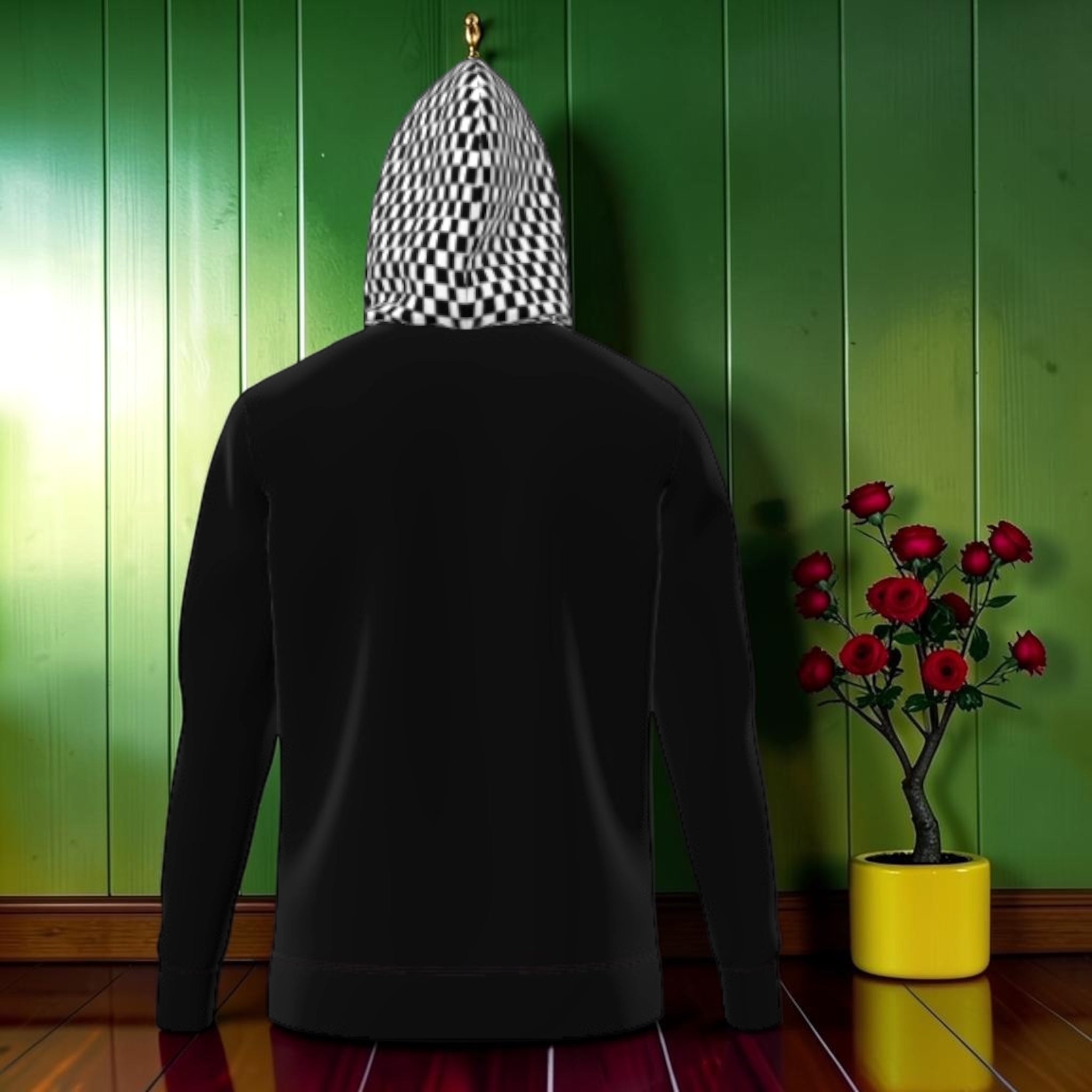 Vol III The Love Bug Pullover — back view, solid black with all-over Checkmate DNA hood