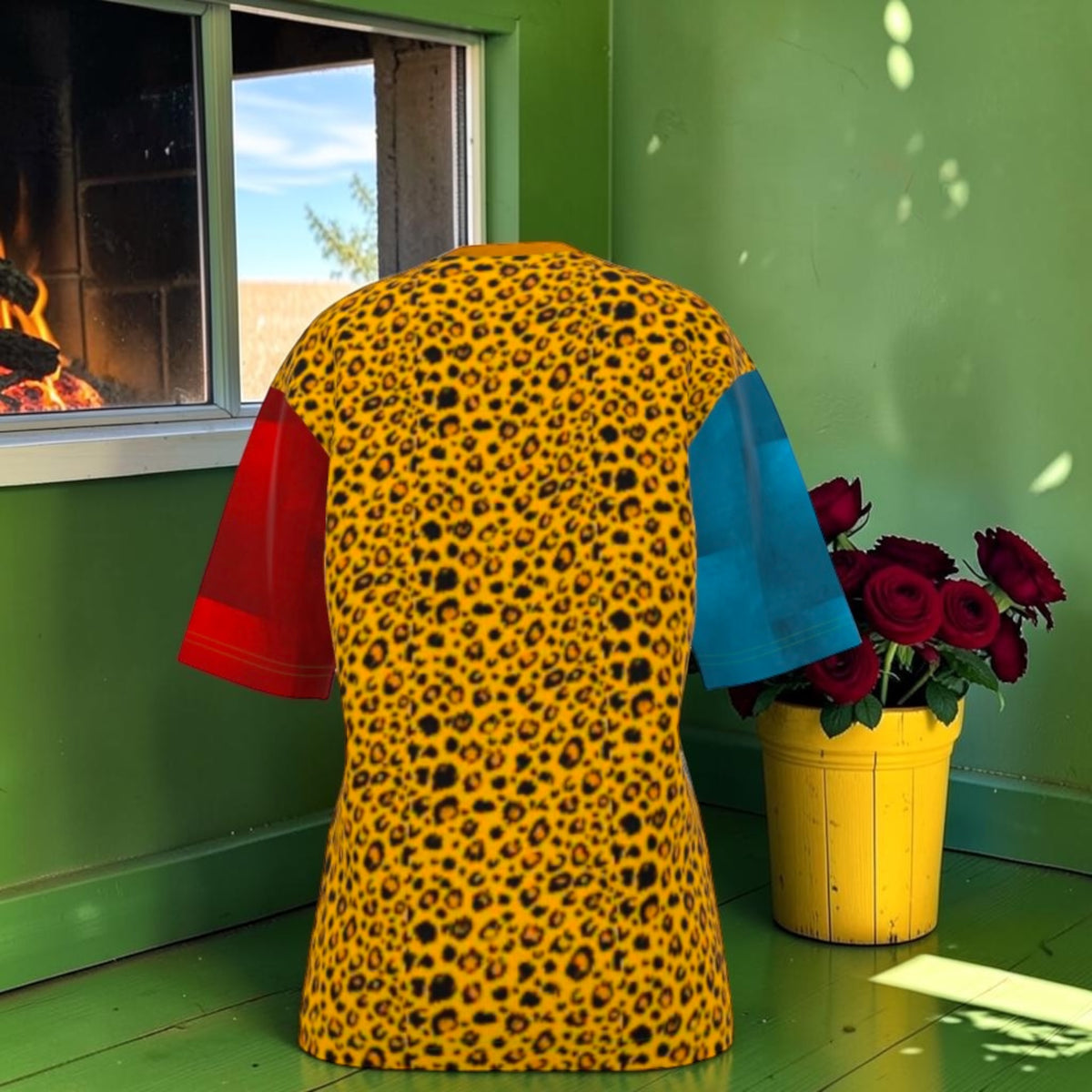 Leopard-print side of oversized T-shirt with red and blue sleeves