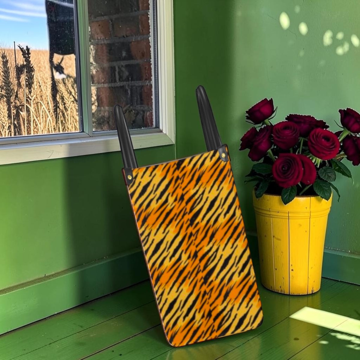 Side view of The Heat Signature Large Tote showing golden tiger stripes