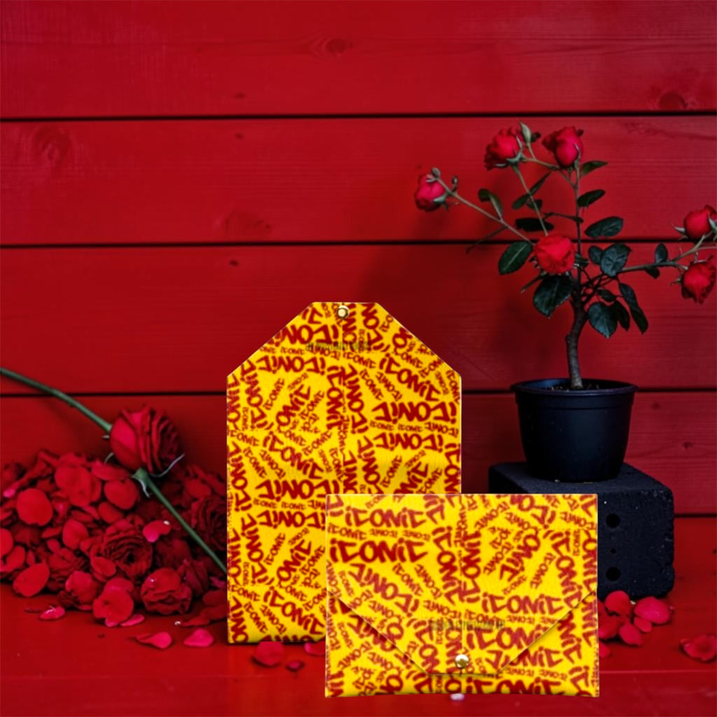 The ICONIC Envelope Card Holder — full envelope silhouette closed, ICONIC all-over print, red wall editorial with rose petals