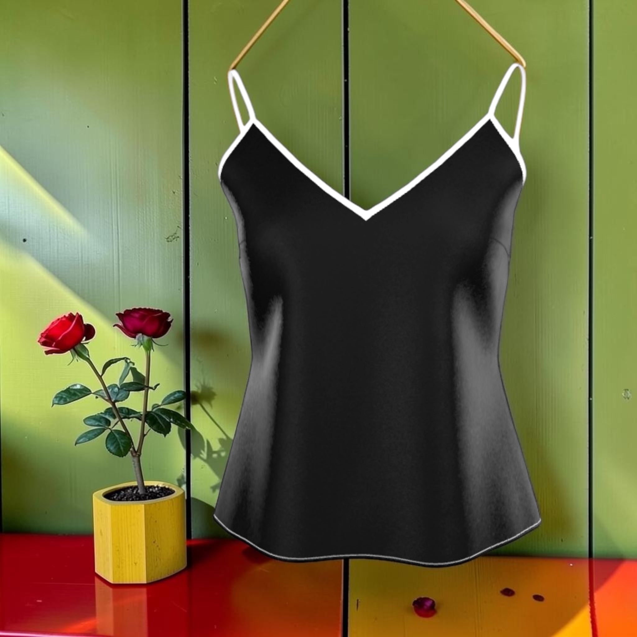 The ICONIC Silk Top Noir back view — black silk cami with white contrast trim — Golden Expression Art Vol I ICONIC Edit