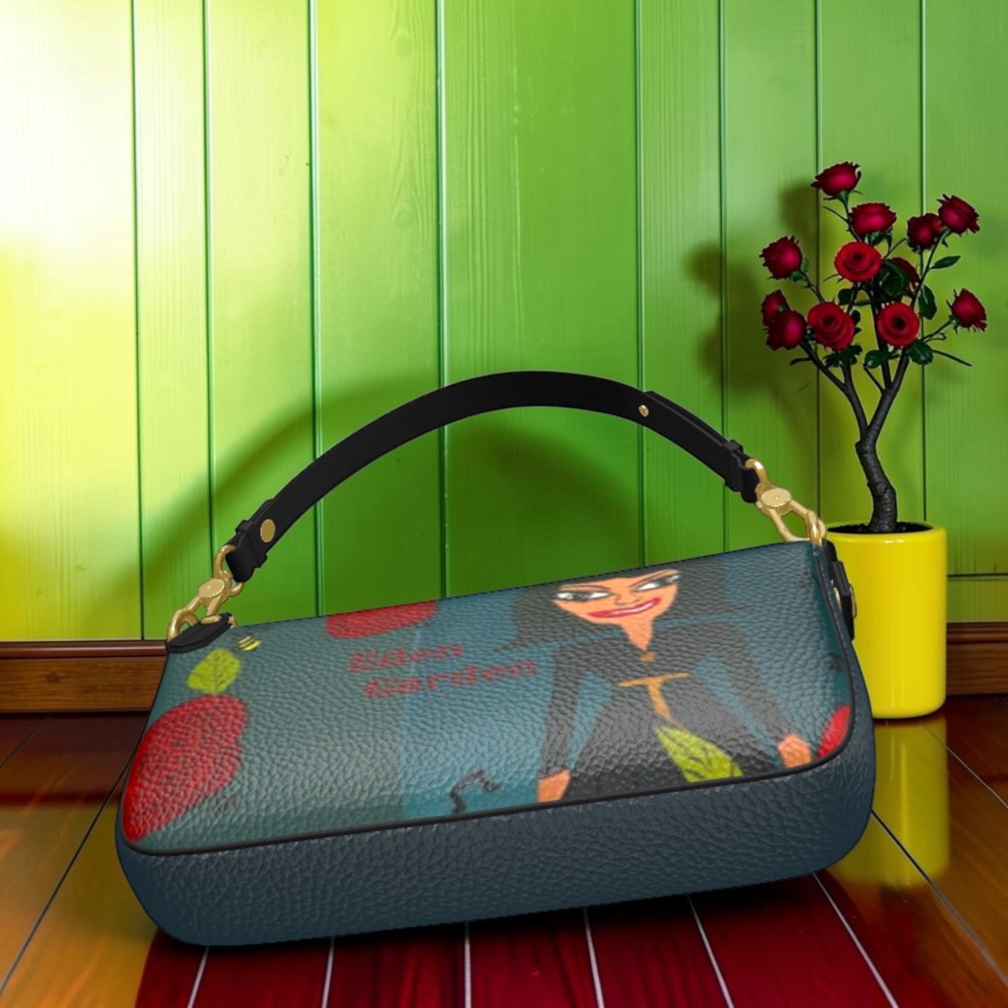 Vol II Queen Goddess Clutch — side view, structured teal clutch with black top handle and gold hardware, green editorial backdrop