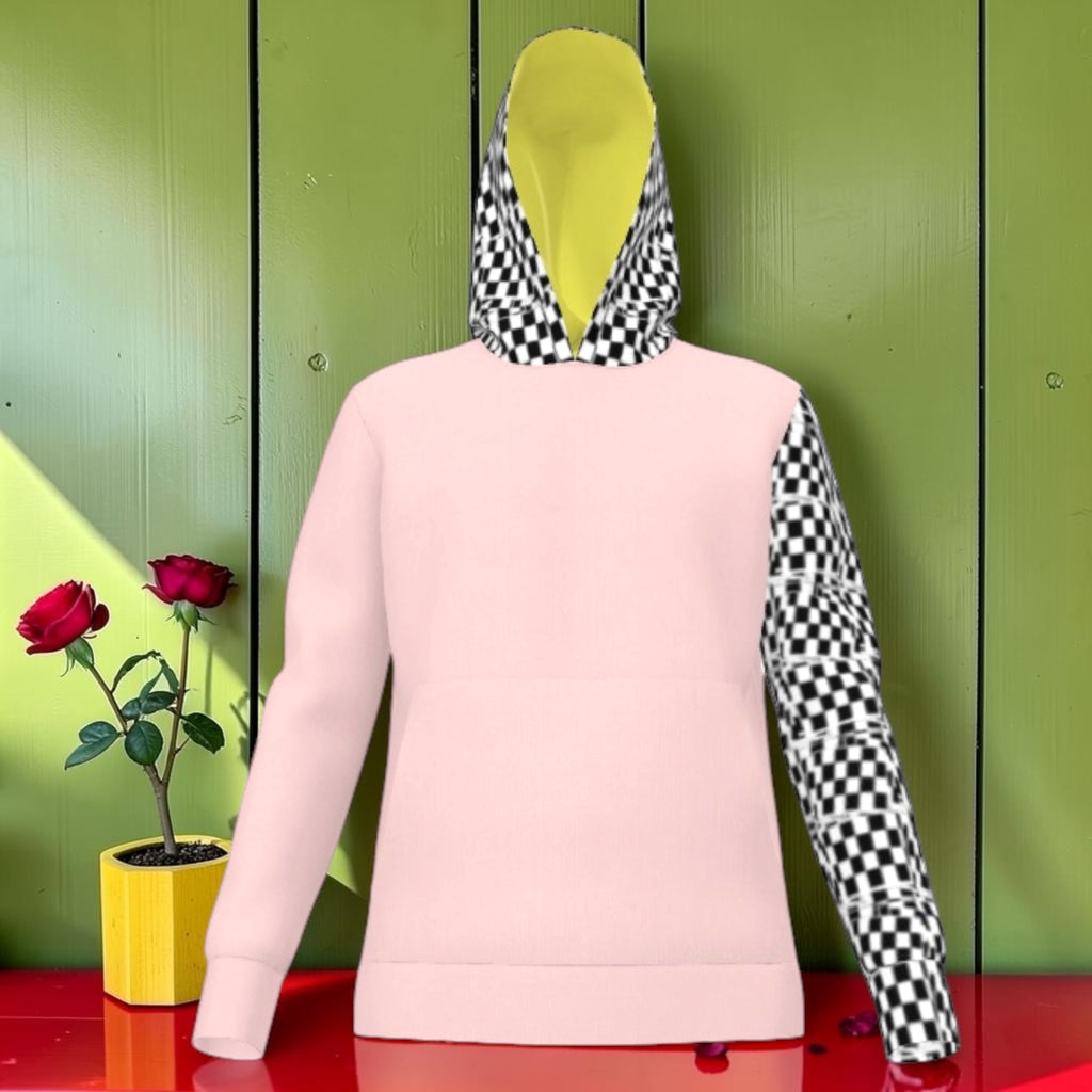 The Rosy Check Pullover - Front View - Blush Pink with Golden Yellow Hood Lining - Golden Expression Art