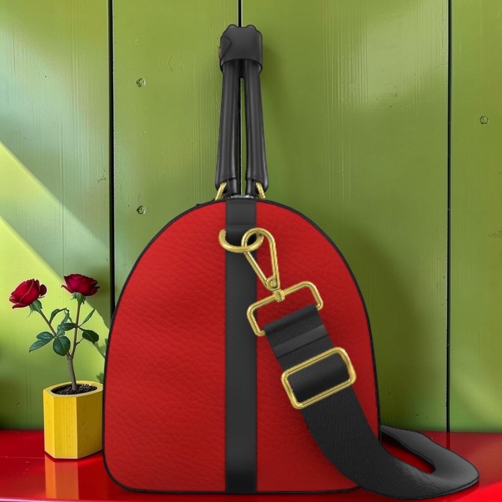 The Soft Reset Duffle — base view, scarlet red Nappa leather base with gold hardware clasp and black adjustable shoulder strap detail