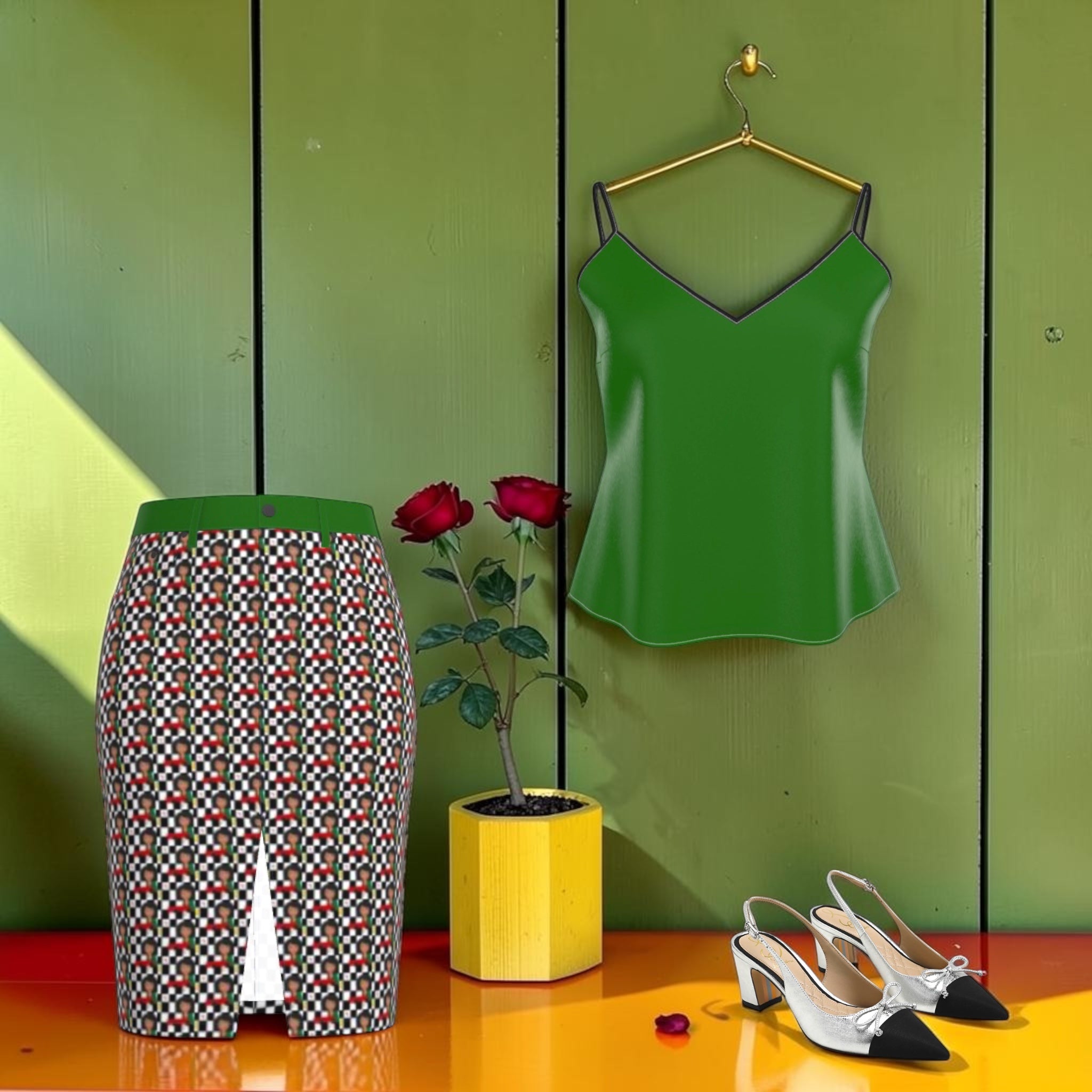 The ICONIC Butterfly Shirt — set styling with ICONIC skirt, green wall editorial