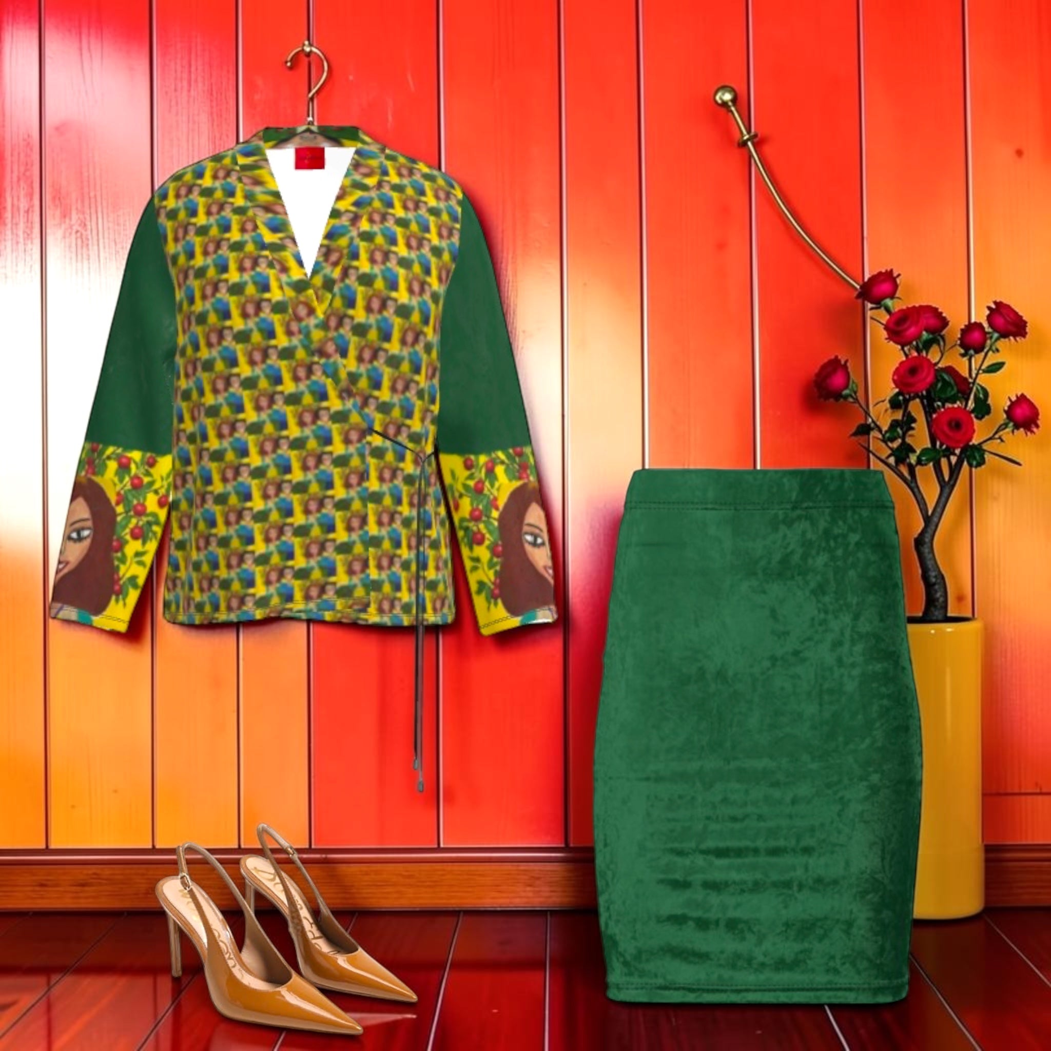 Vol II — The Eden Wrap Blazer, styled editorial, forest green velvet pencil skirt, nude slingback heels, orange backdrop, GEA