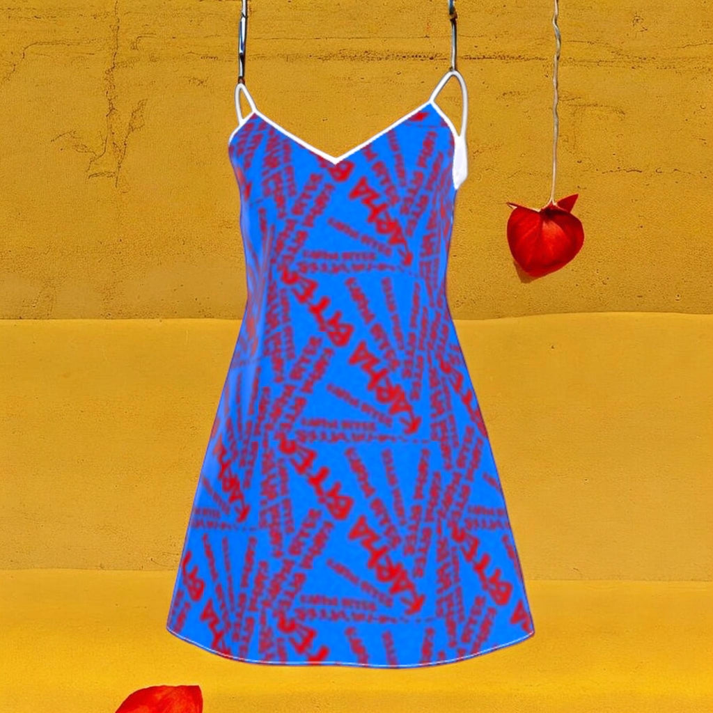 Vol III Karma Bites Silk Cami Dress — all-over Karma Bites graffiti script, cerulean blue body, scarlet red lettering, spaghetti straps, white V-neck trim, A-line mini silhouette — Golden Expression Art